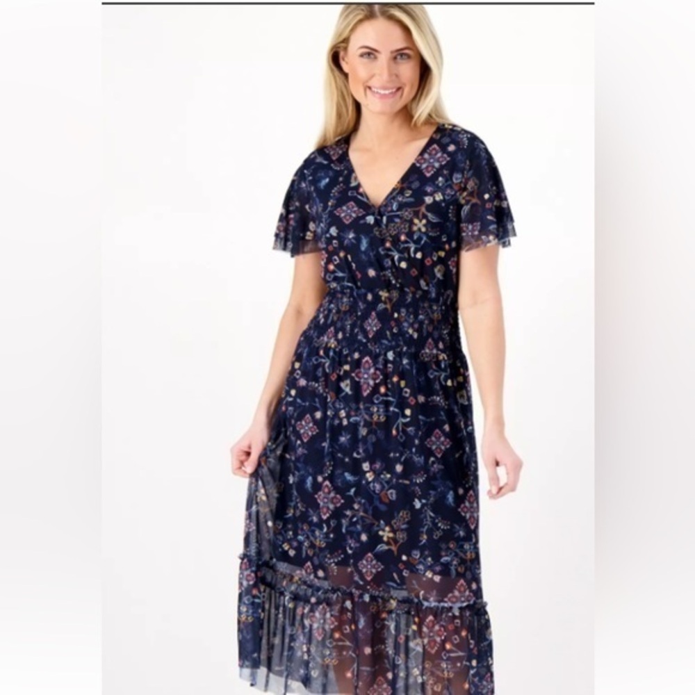 Canyon retreat navy smocked flutter casual sleeve tiered dress size 2xp